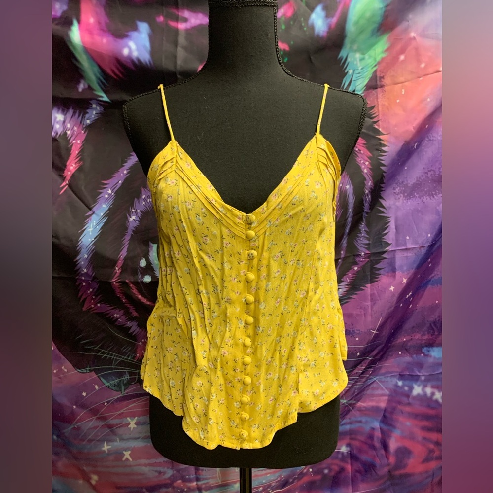Volcom Yellow Floral Button-Front Spaghetti Strap Tank